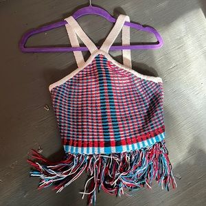 Red white blue and black crop top knit shirt